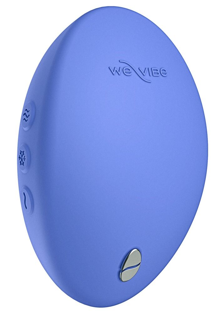 Blaues, ovales Gerät mit drei Knöpfen und einem silbernen Knopf. Logo "We-Vibe" oben. Knöpfe mit Symbolen für Wärme und Kälte.