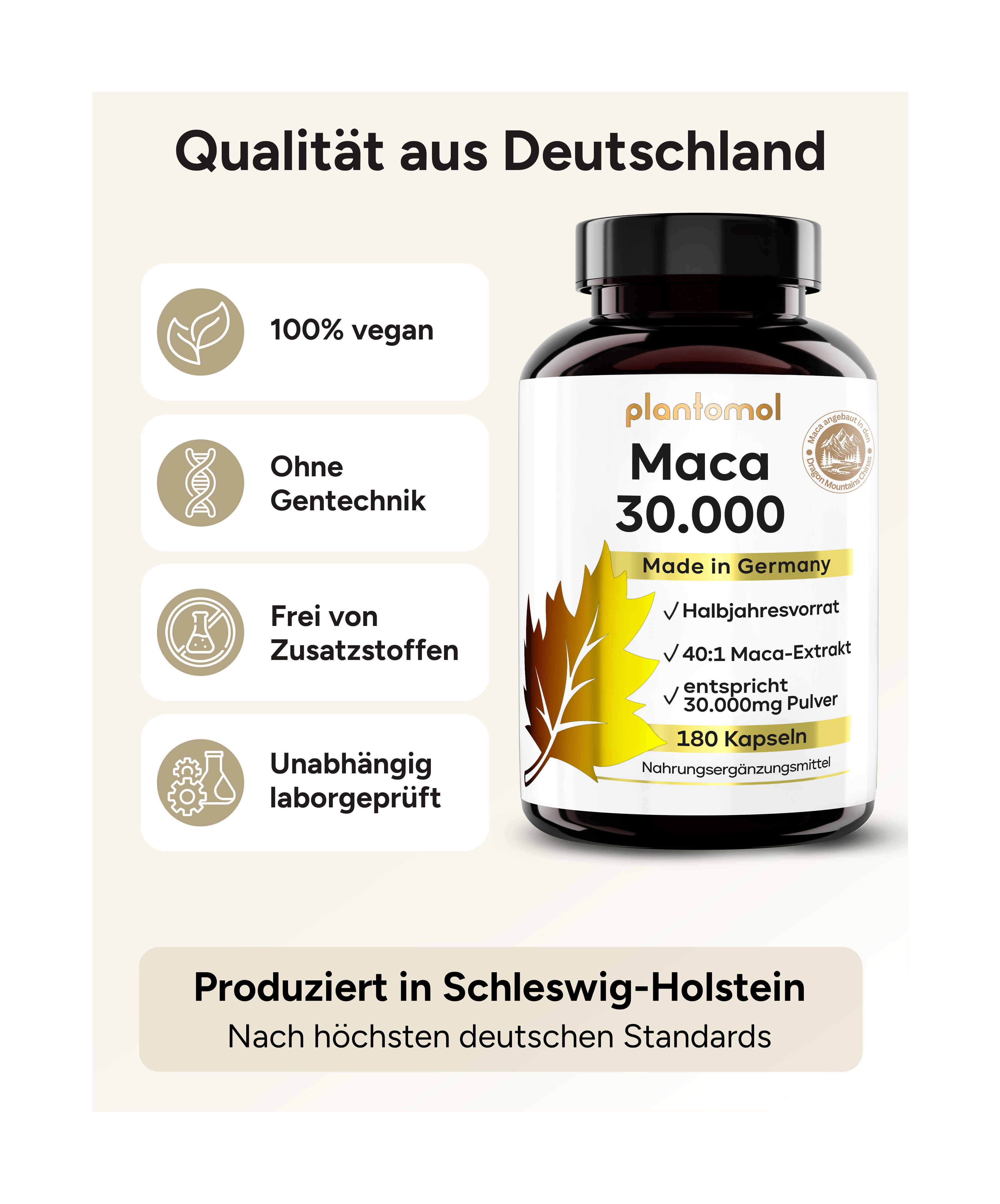 plantomol® Maca 30.000 Flasche. 100% vegan, ohne Gentechnik, ohne Zusatzstoffe, laborgeprüft. Hergestellt in Schleswig-Holstein.