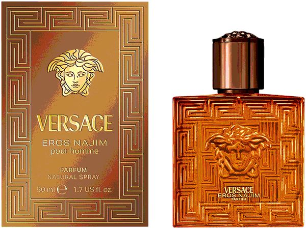 Parfümflakon und Verpackung. Goldfarbenes Glas mit Reliefmuster und Logo. Verpackung mit Logo und Schriftzug.