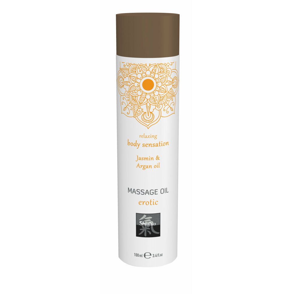 Zylindrische Flasche mit braunem Deckel. Aufschrift: Massage Oil erotic, Jasmin & Arganöl. Orangefarbenes Mandala-Design.