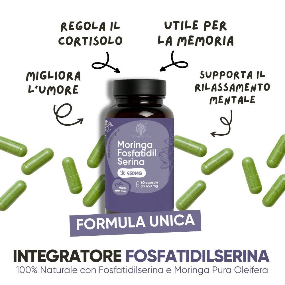 Flasche mit Kapseln, Moringa Fosfatidil Serina, 450mg.