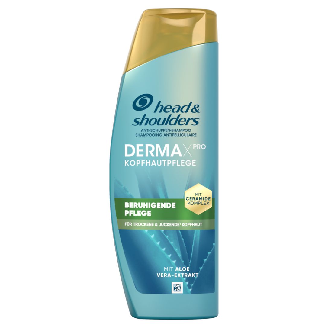 Türkis-farbene Flasche mit goldfarbenem Deckel. Aufschrift: Head & Shoulders DERMAX PRO Kopfhautpflege. Enthält Aloe Vera-Extrakt.