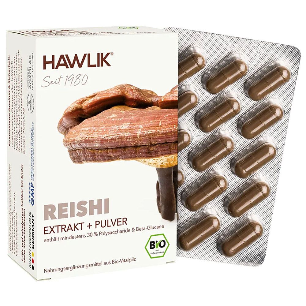 Kapseln in Blisterpackung und Produktverpackung. Aufschrift: HAWLIK, REISHI EXTRAKT + PULVER, BIO-Siegel. Enthält mindestens 30% Polysaccharide & Beta-Glucane.