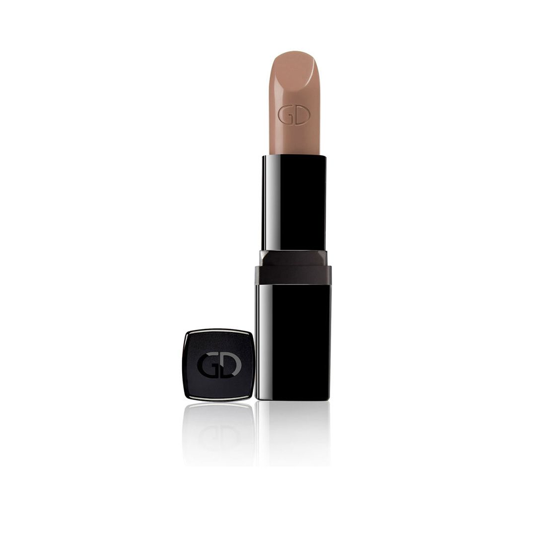 Lippenstift mit beiger Spitze, schwarzer Hülse und separater Kappe mit GD-Logo. Auf weißem Hintergrund.