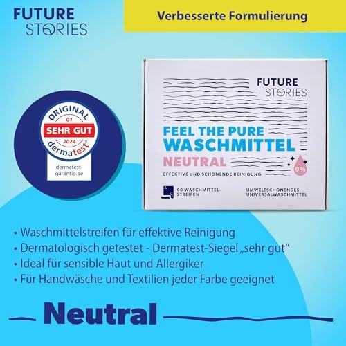Box mit Waschmittelstreifen. Text: Dermatest-Siegel, Neutral. Logo: Dermatest. Hintergrund: blau.