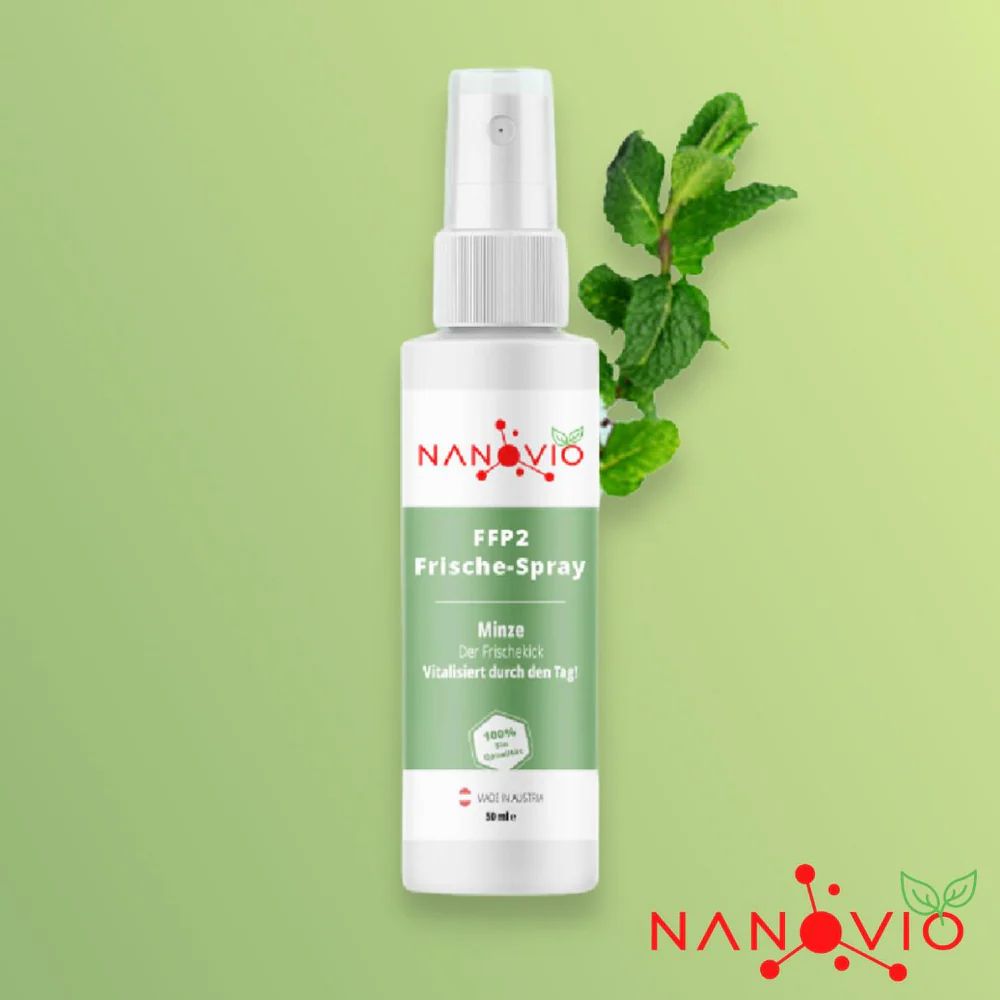 Spray Nanovio FFP2. Flacon, étiquette, vaporisateur. Branche de menthe. Logo. Vert et blanc. Fabriqué en Autriche.