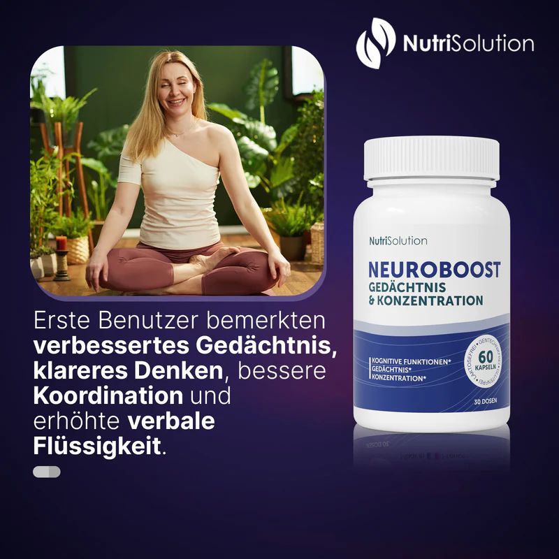 Eine weiße Flasche mit blauer Beschriftung. Aufschrift: Neuroboost, Gedächtnis & Konzentration. 60 Kapseln. Frau sitzt.