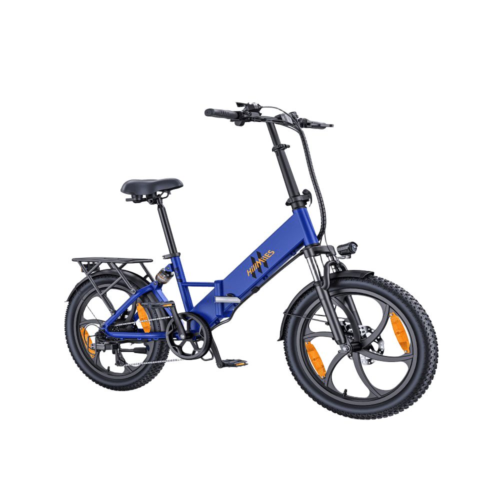 Blaues Elektrofahrrad mit schwarzen Reifen, Gepäckträger. Marke HillMiles.