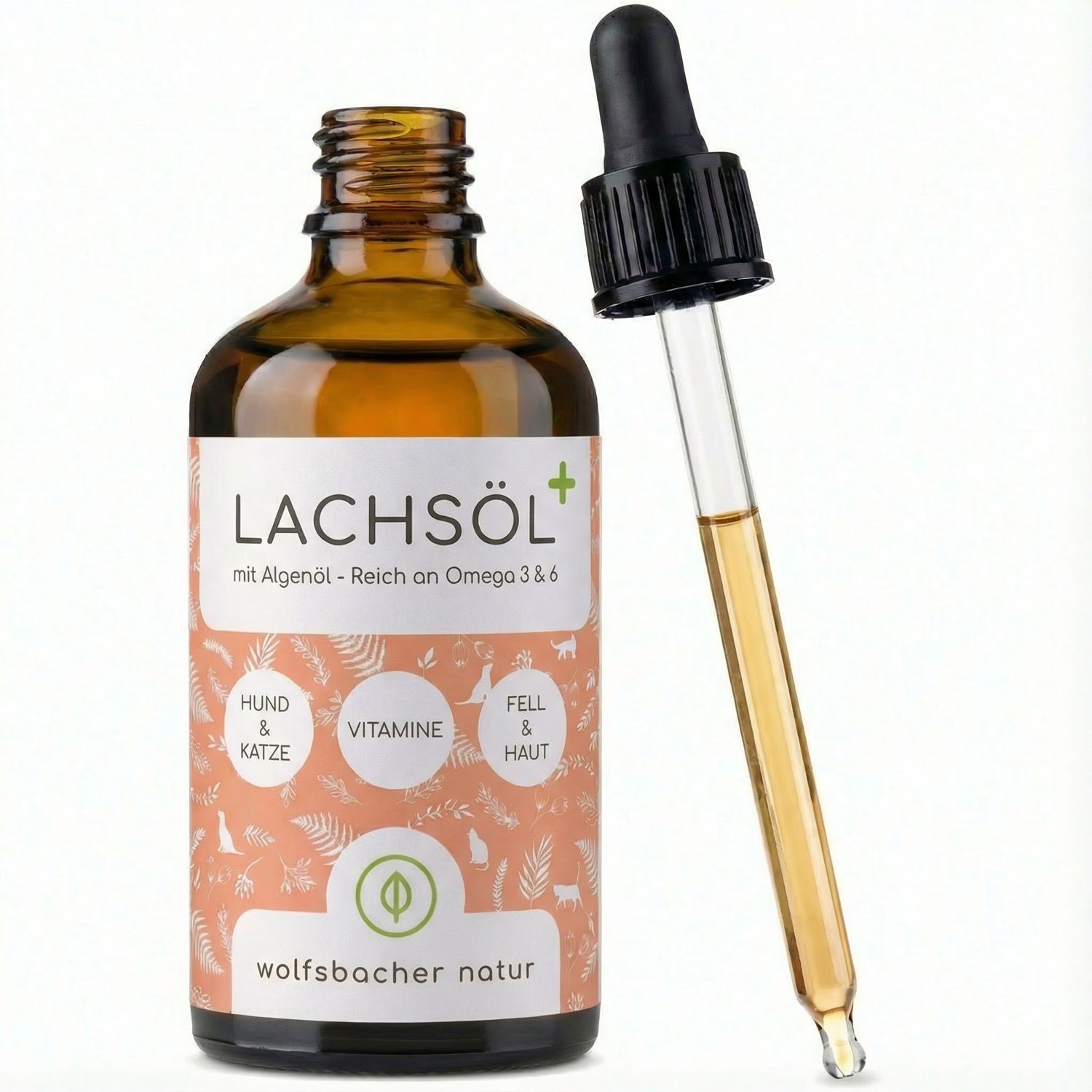 Lachsöl-Flasche mit Pipette. Text: "LACHSÖL mit Algenöl - Reich an Omega 3 & 6". Icons: Hund & Katze, Vitamine, Fell & Haut. Logo: Wolfsbacher Natur.