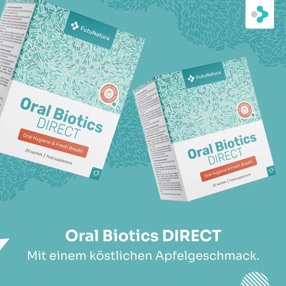 Zwei FutuNatura Oral Biotics DIRECT Schachteln, 20 Beutel, für Mundhygiene und frischen Atem.