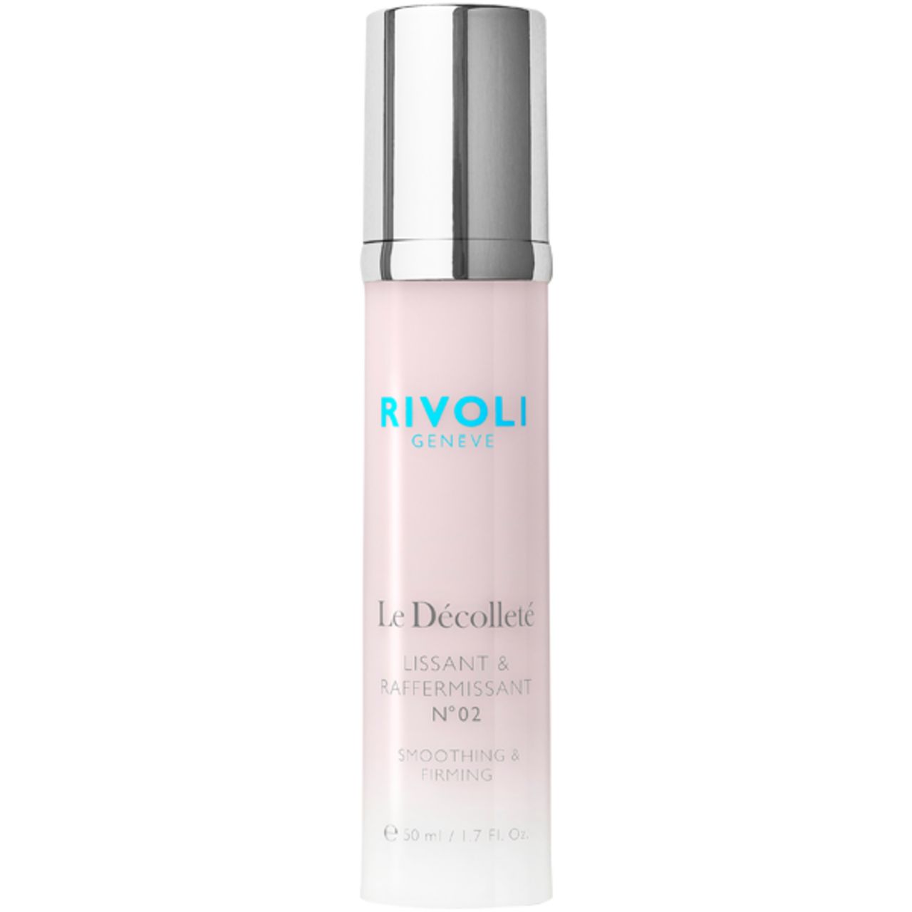 Rivoli Le Décolleté N°02. Rosa Flasche mit silbernem Deckel. Aufschrift: Smoothing & Firming.