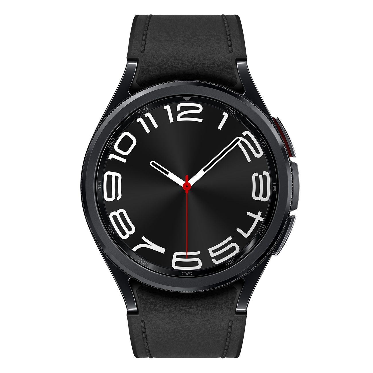 Schwarze Smartwatch mit schwarzem Lederarmband. Zifferblatt mit weißen Ziffern und roten Zeigern. Gehäuse mit Drehring.