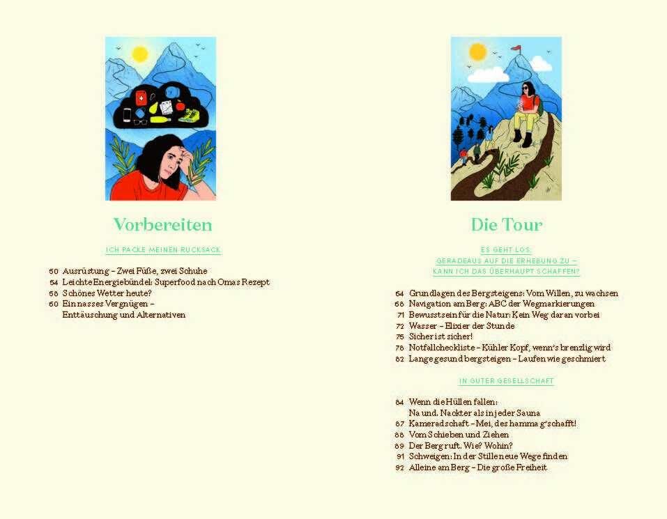 Buchseite mit Illustrationen und Text. Themen: Vorbereiten, Die Tour. Text in deutscher Sprache.