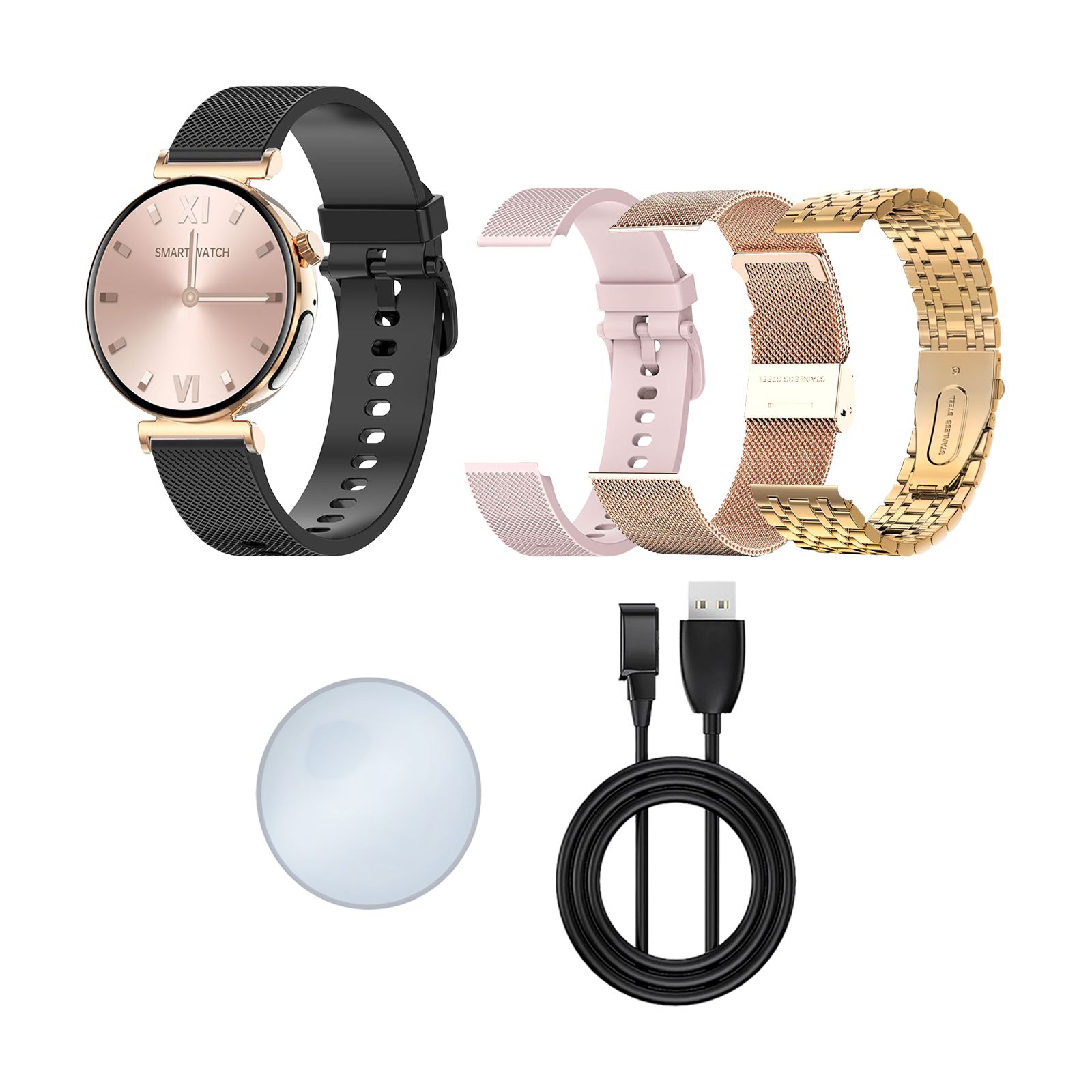 Smartwatch mit rosafarbenem Zifferblatt, schwarzem Armband und drei austauschbaren Armbändern. Inklusive Ladegerät und Ladeschale.