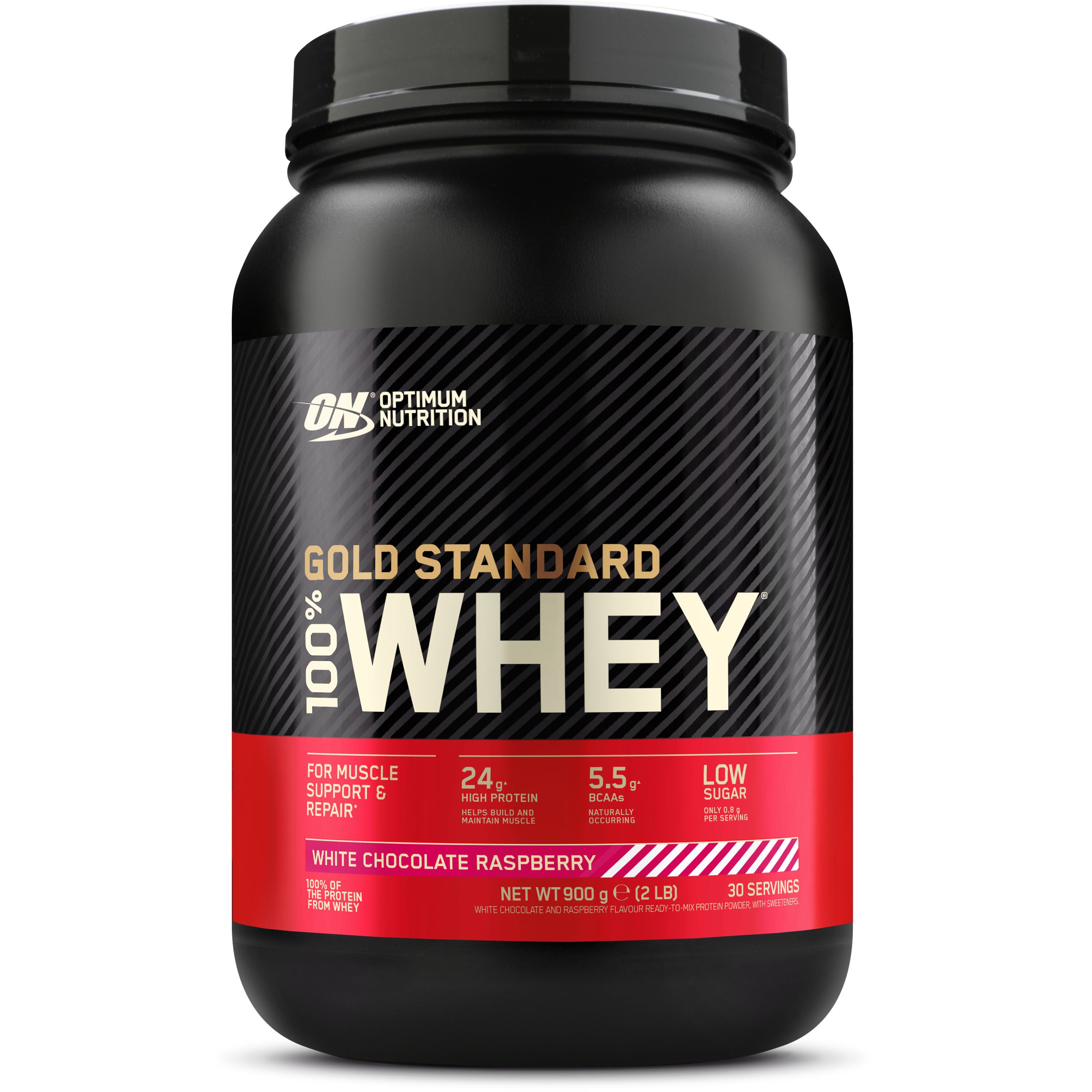 Schwarze Dose mit "OPTIMUM NUTRITION" und "GOLD STANDARD 100% WHEY" Aufschrift. Roter Streifen mit Produktnamen und Nährwertangaben.