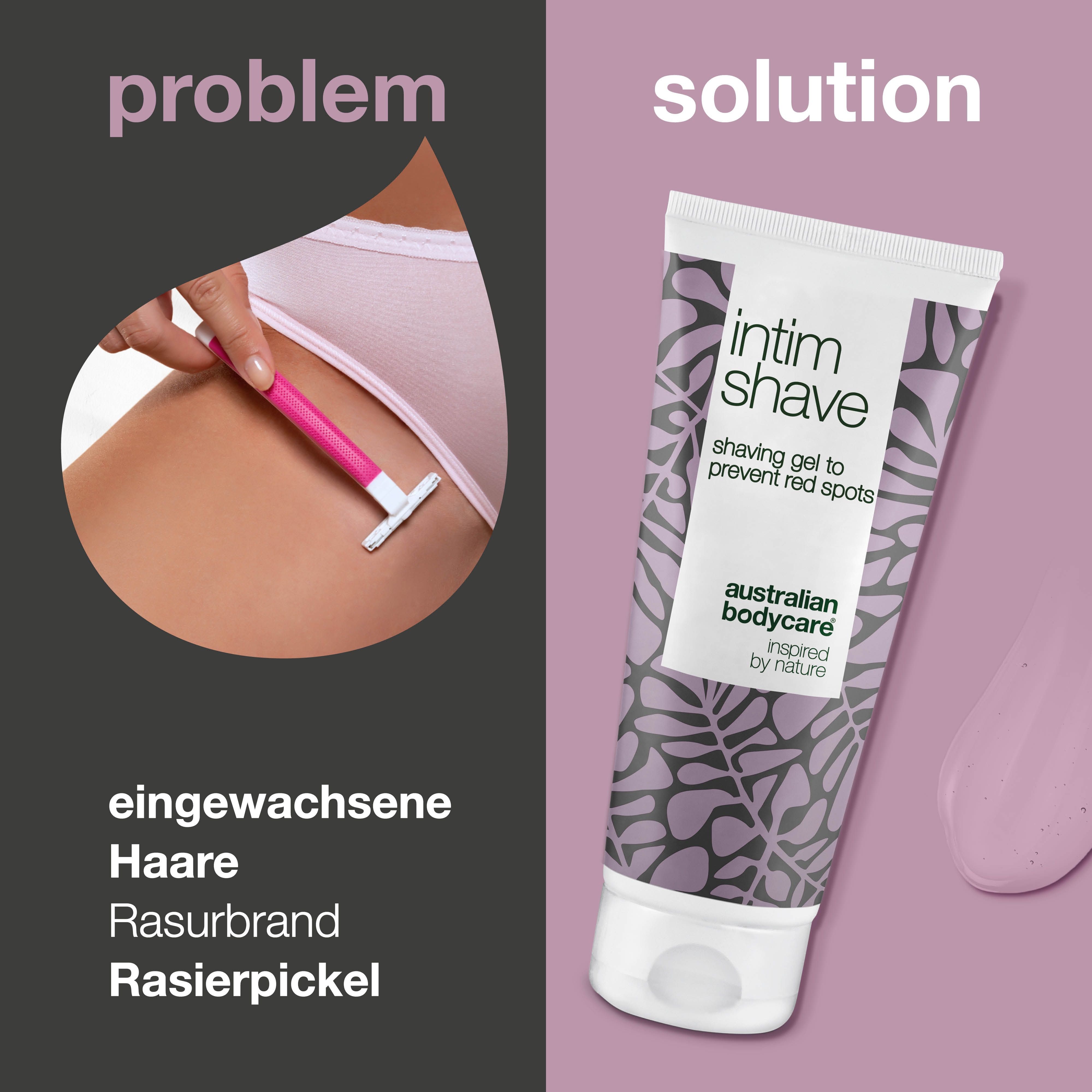 Vergleich: Problem und Lösung. Intim Shave Rasiergel. Text: Australian Bodycare, gegen rote Pickel.