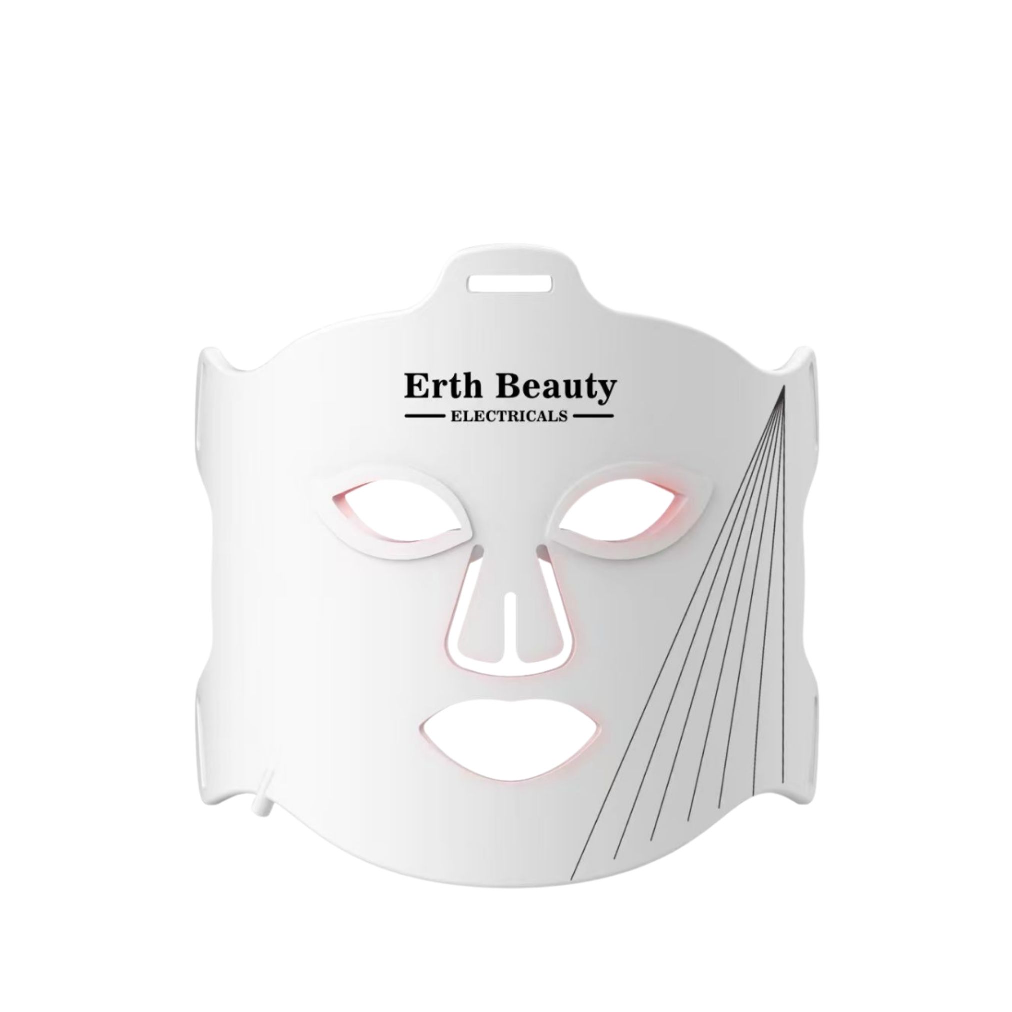 Weiße Gesichtsmaske mit Aussparungen für Augen, Nase und Mund. Erth Beauty-Logo. Schwarze Linien auf der rechten Seite.