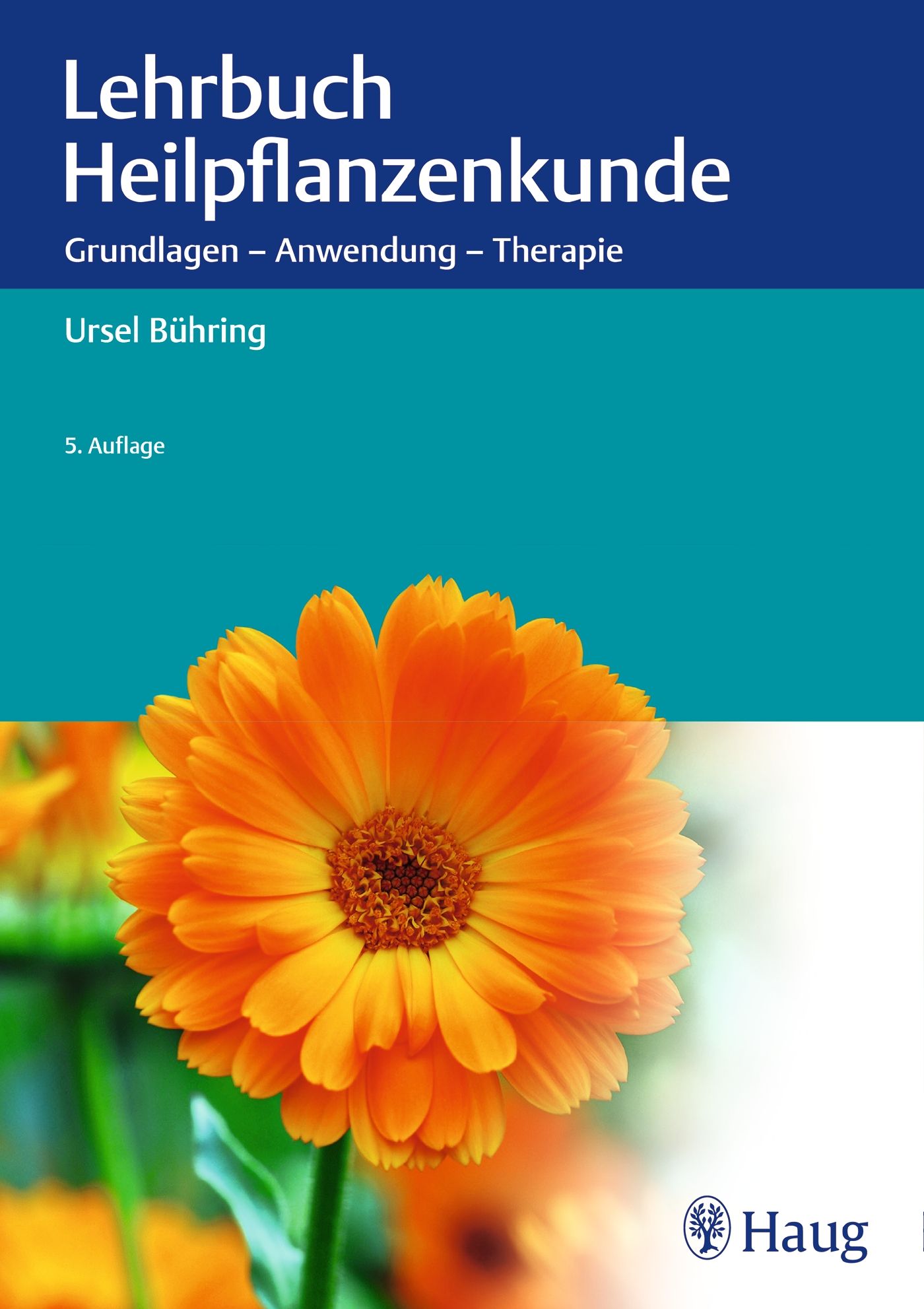 Buchcover mit Titel "Lehrbuch Heilpflanzenkunde", Autorin Ursel Bühring. Orangefarbene Blüte im Vordergrund, türkisfarbener Hintergrund.