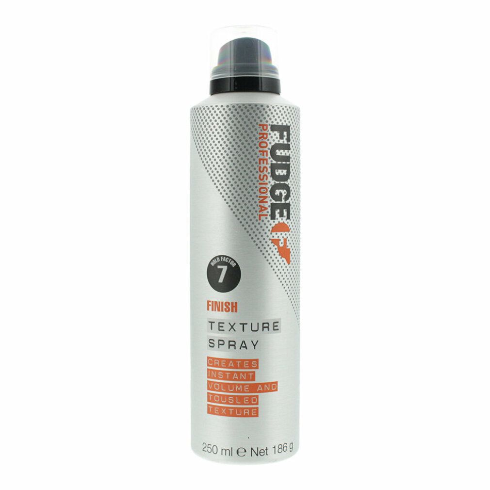 Silberne Sprühflasche mit schwarzem Sprühkopf. Text: FUDGE PROFESSIONAL, TEXTURE SPRAY, 250 ml.