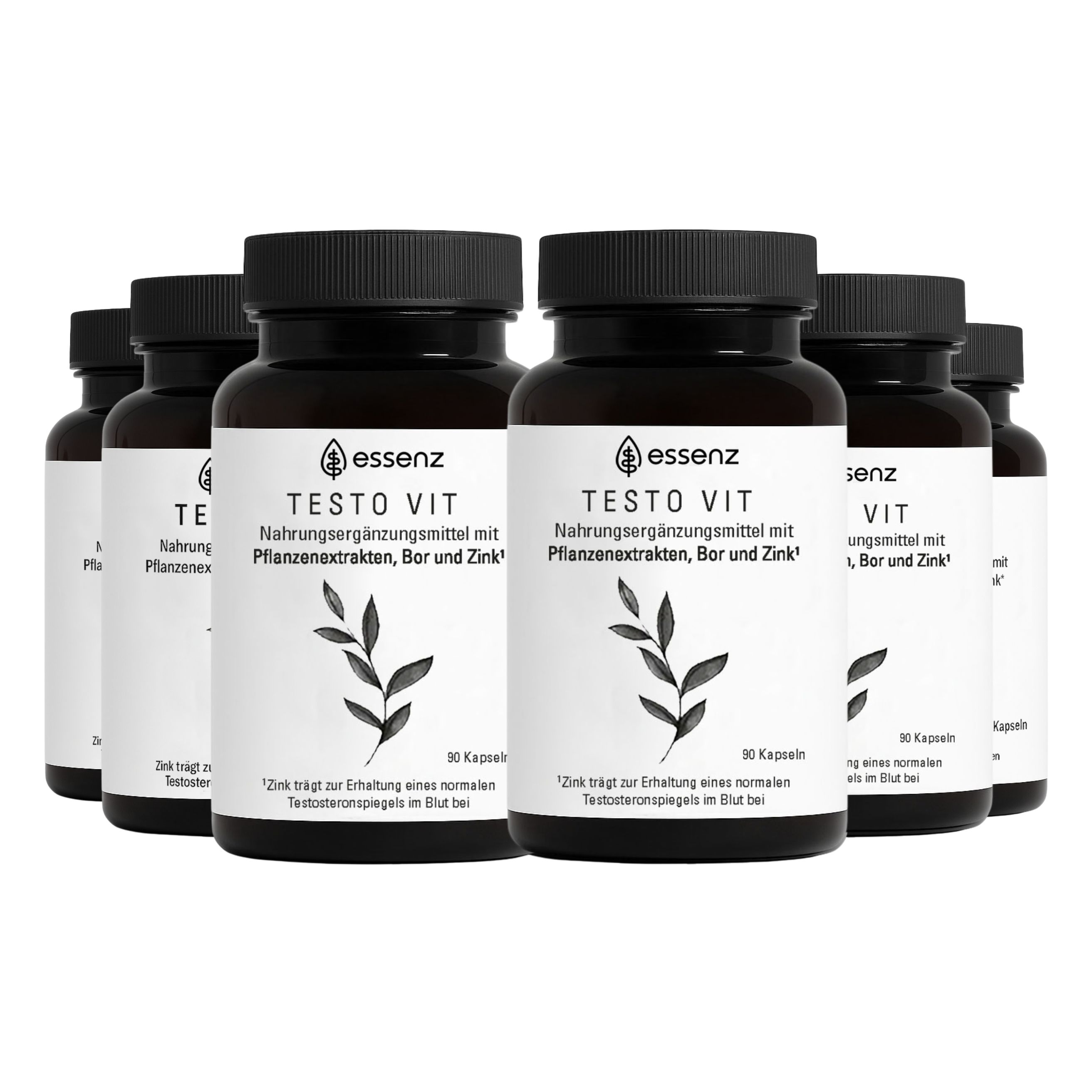 Sechs Flaschen mit Kapseln. Aufschrift: ESSENZ Testo Vit, Nahrungsergänzungsmittel.