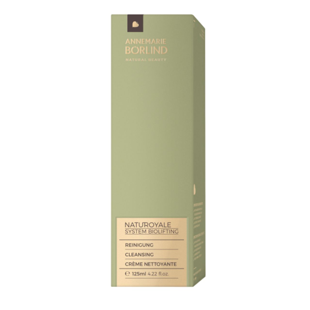 Grüne Verpackung mit Produktinformationen. Aufschrift: ANNEMARIE BÖRLIND, NATUROYALE, Reinigung, 125ml.