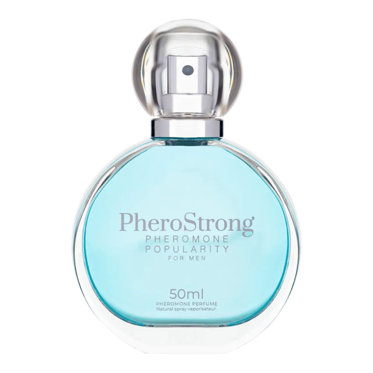 Runder Flakon mit blauem Inhalt und Sprühkopf. Aufschrift: PheroStrong, Pheromone Popularity for Men. 50ml.