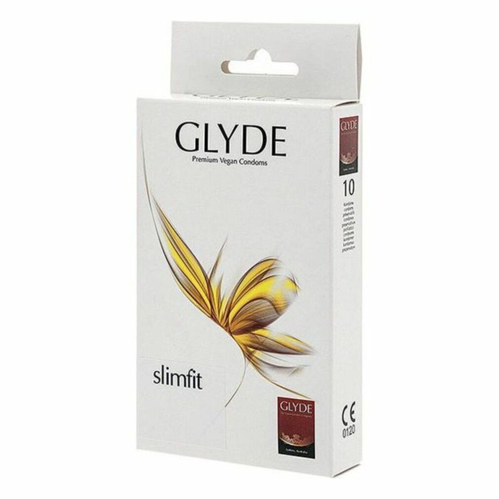 Verpackung mit Kondomen. Aufschrift: GLYDE, Slimfit, 10 Stück. Vegan-Siegel. Blumendekoration.