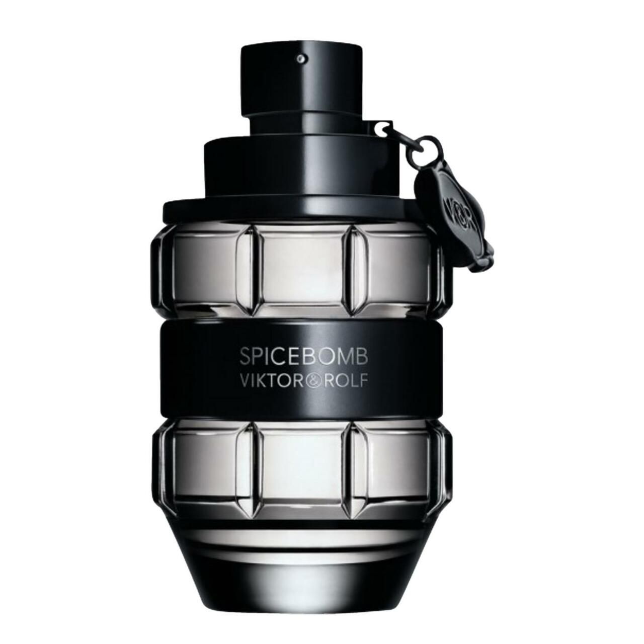 Flakon in Granatenform, schwarz und grau. Aufschrift: SPICEBOMB VIKTOR & ROLF. Schwarzer Sprühkopf.