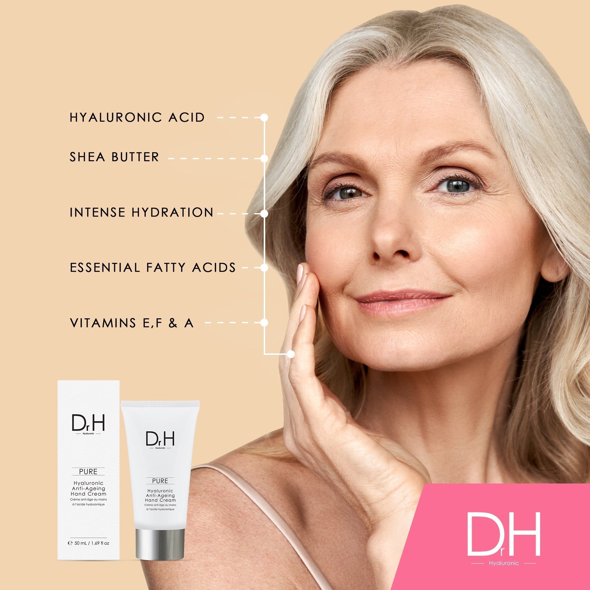 Frau berührt Gesicht. Neben ihr: Tube und Schachtel. Text: Hyaluronsäure, Sheabutter, Intense Hydration, etc.