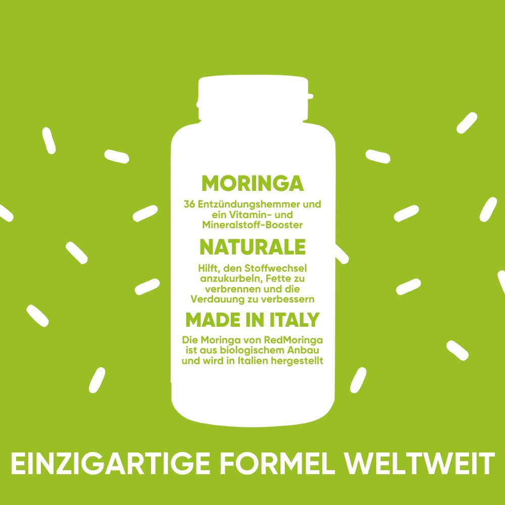 Weiße Flasche mit Text. Text: Moringa, Natürliche. Made in Italy. Auf grünem Hintergrund.