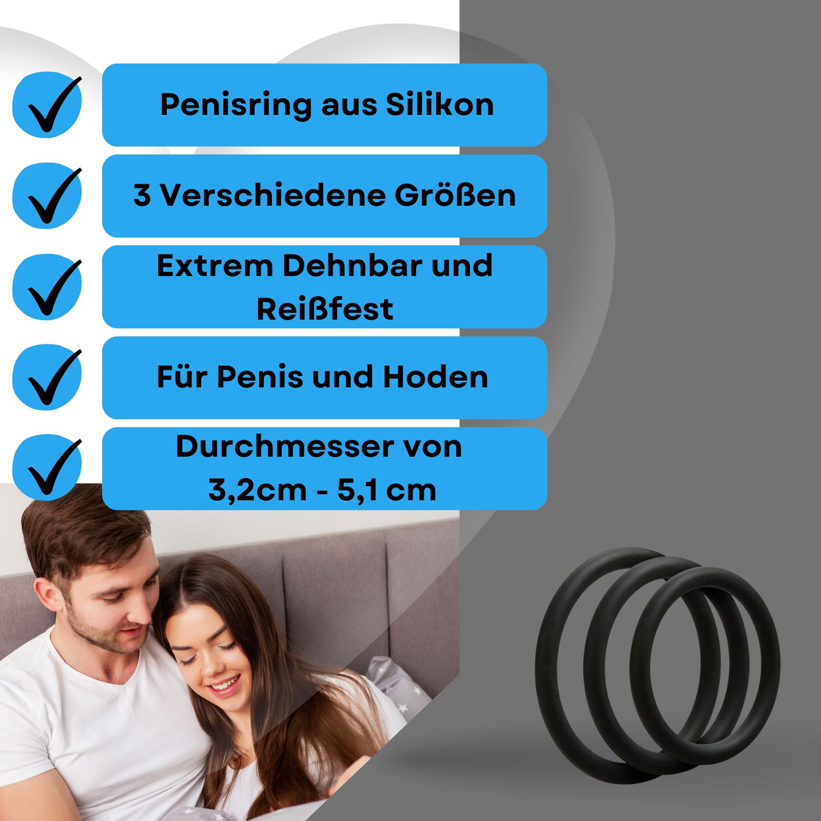 Produktabbildung mit Text: Penisring aus Silikon, 3 Größen, dehnbar. Paar im Bett.