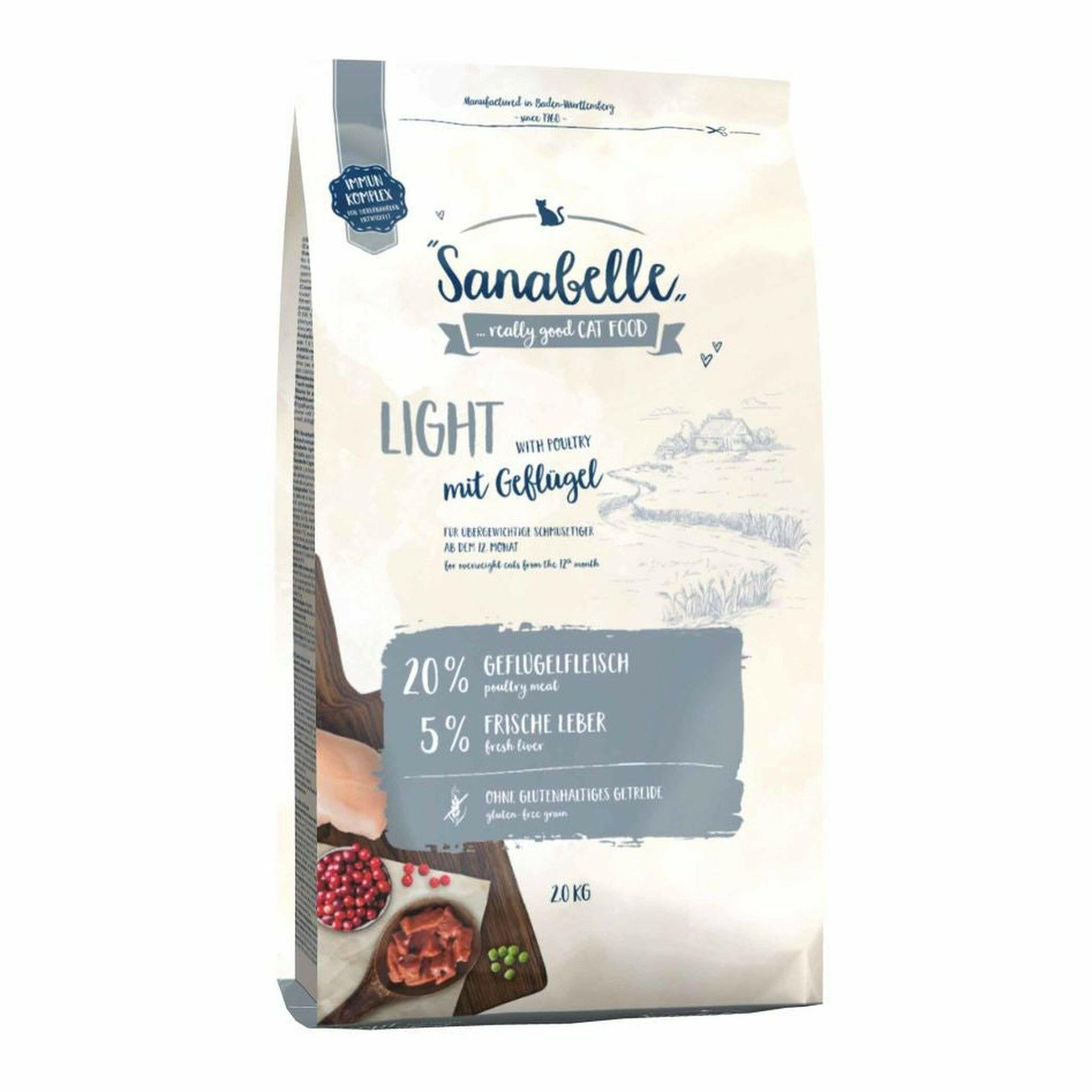 Sanabelle Light Katzenfutter mit Geflügel, 20 kg Sack. Enthält 20% Geflügelfleisch und 5% frische Leber. Glutenfrei.