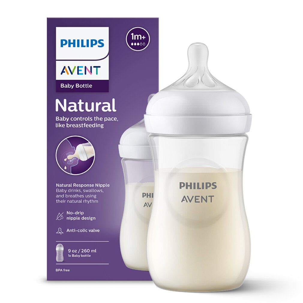 Babyflasche mit Verpackung. Die Flasche ist transparent mit weißem Sauger. Auf der Verpackung steht "PHILIPS AVENT Baby Bottle Natural".