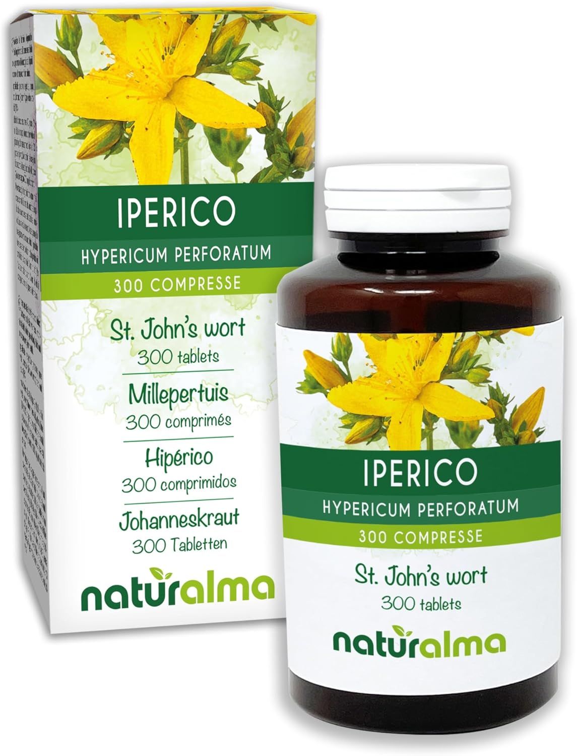 Produktverpackung und Flasche. Text: Iperico Hypericum perforatum 300 compresse. Johanneskraut Tabletten.