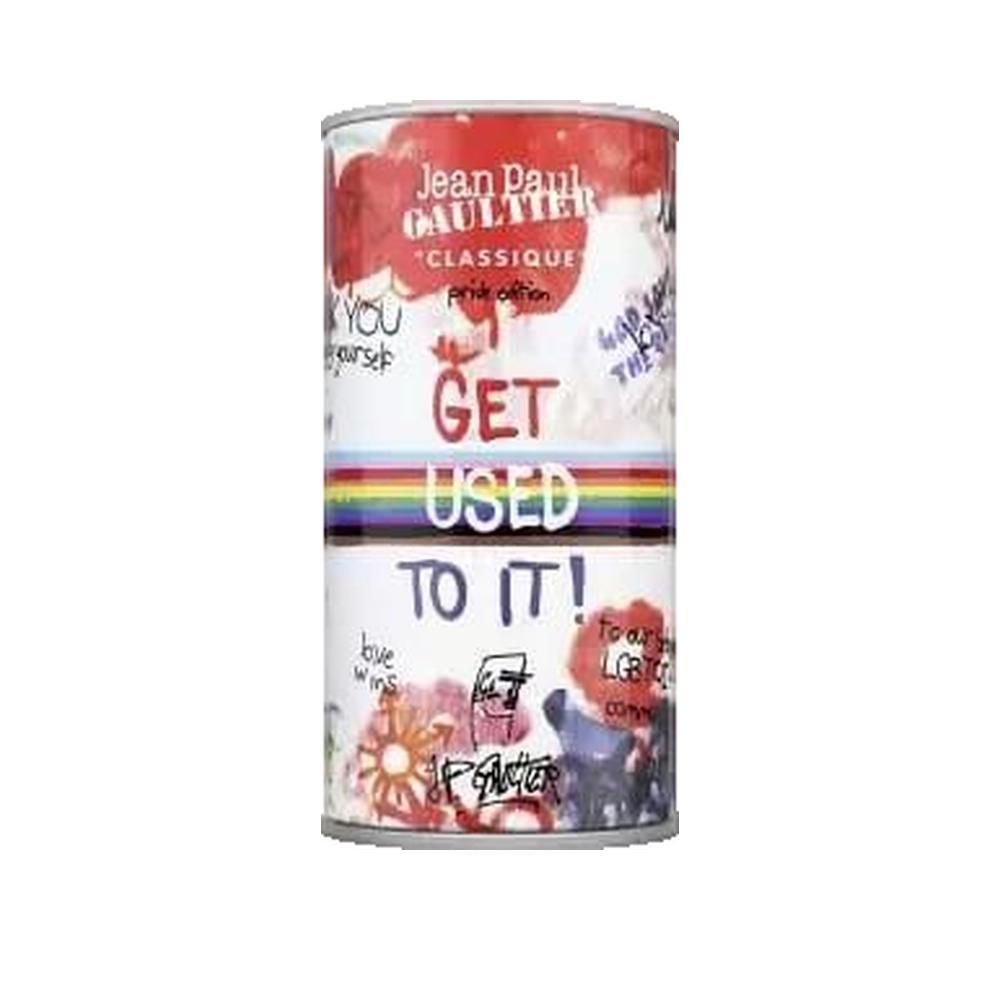 Zylindrische Dose mit Aufdruck "Jean Paul Gaultier". Text: "GET USED TO IT!". Regenbogenband. Graffiti-Design. "Pride edition".