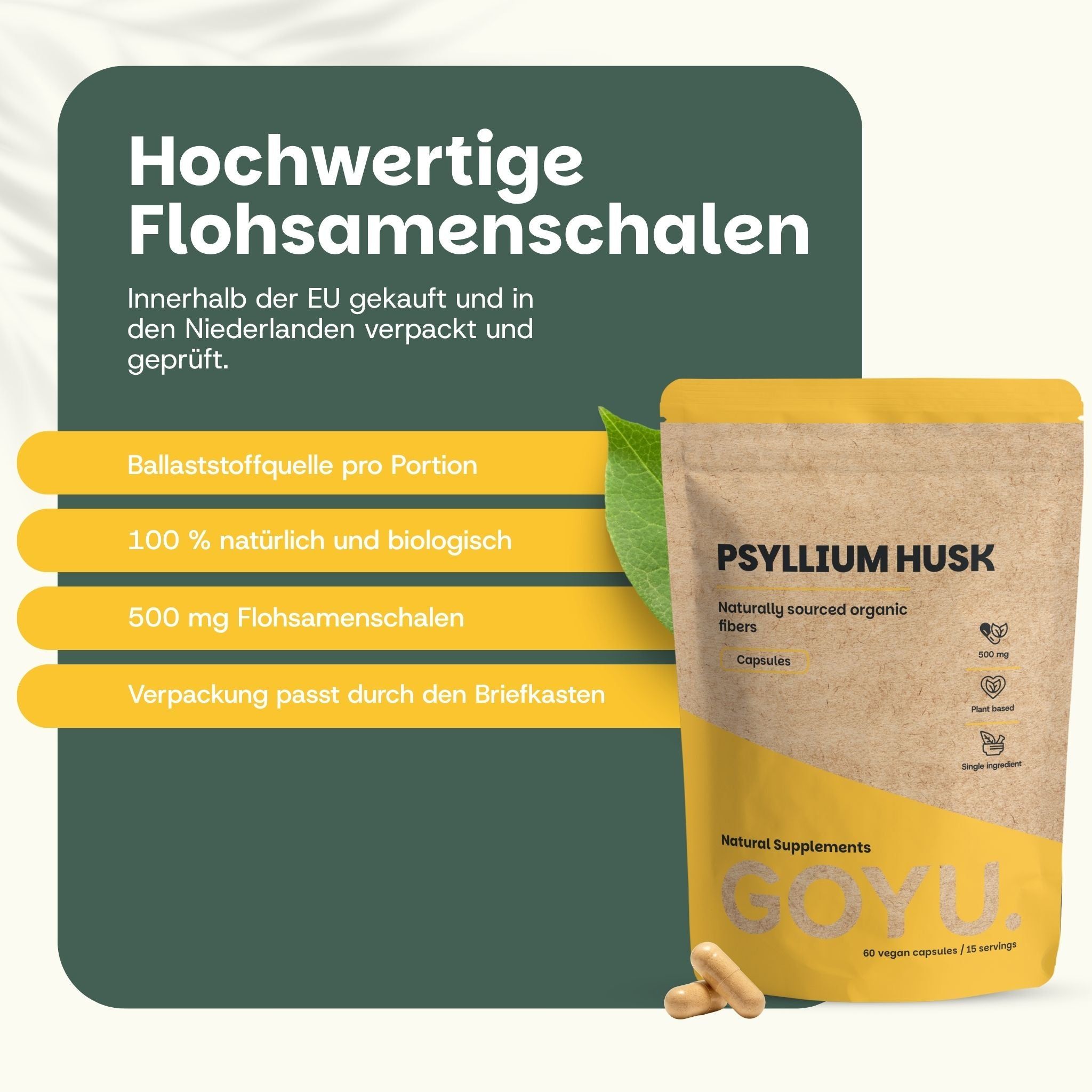 Bauch einer Person, Fokus auf tägliche Ballaststoffe. Psyllium Husk Kapseln, 500 mg.