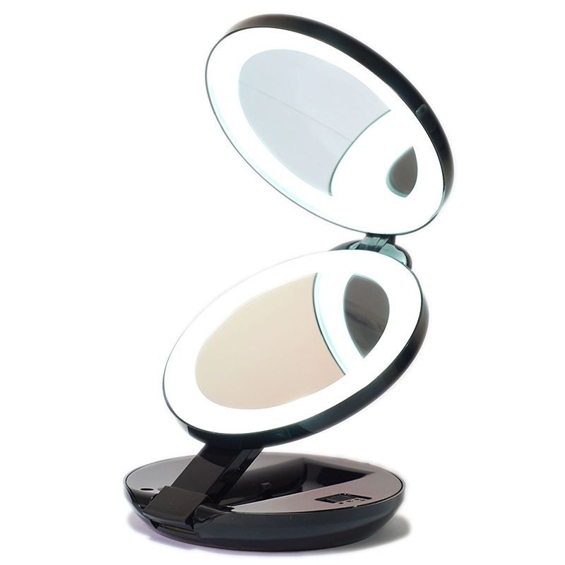 Kompakter Doppel-Reisespiegel mit LED (10-fache Vergrößerung) - Schwarz