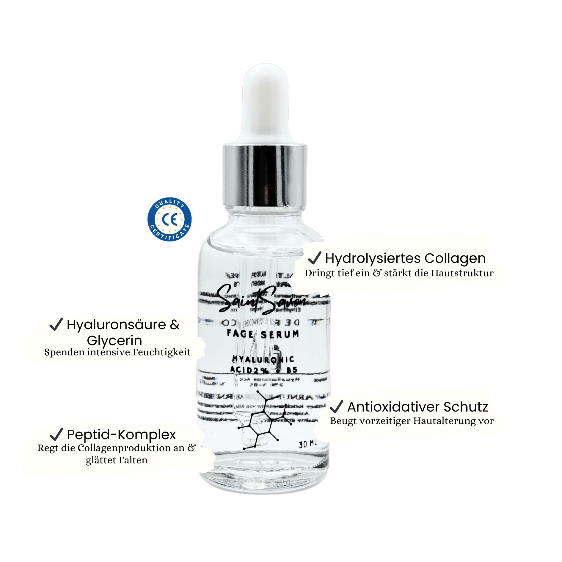 Klare Glasflasche mit Pipette. Aufschrift: Saint Savon, Face Serum, Hyaluronic Acid 2% + B5. Zusätzliche Textfelder.