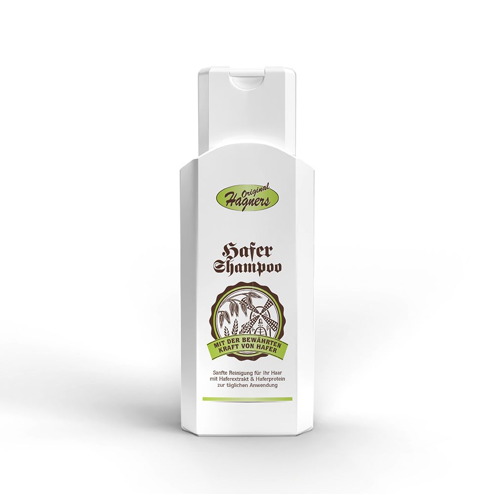 Weiße, achteckige Shampoo-Flasche mit Klappverschluss. Aufschrift: "original Hagners Hafer Shampoo". Logo mit Mühle und Getreide.
