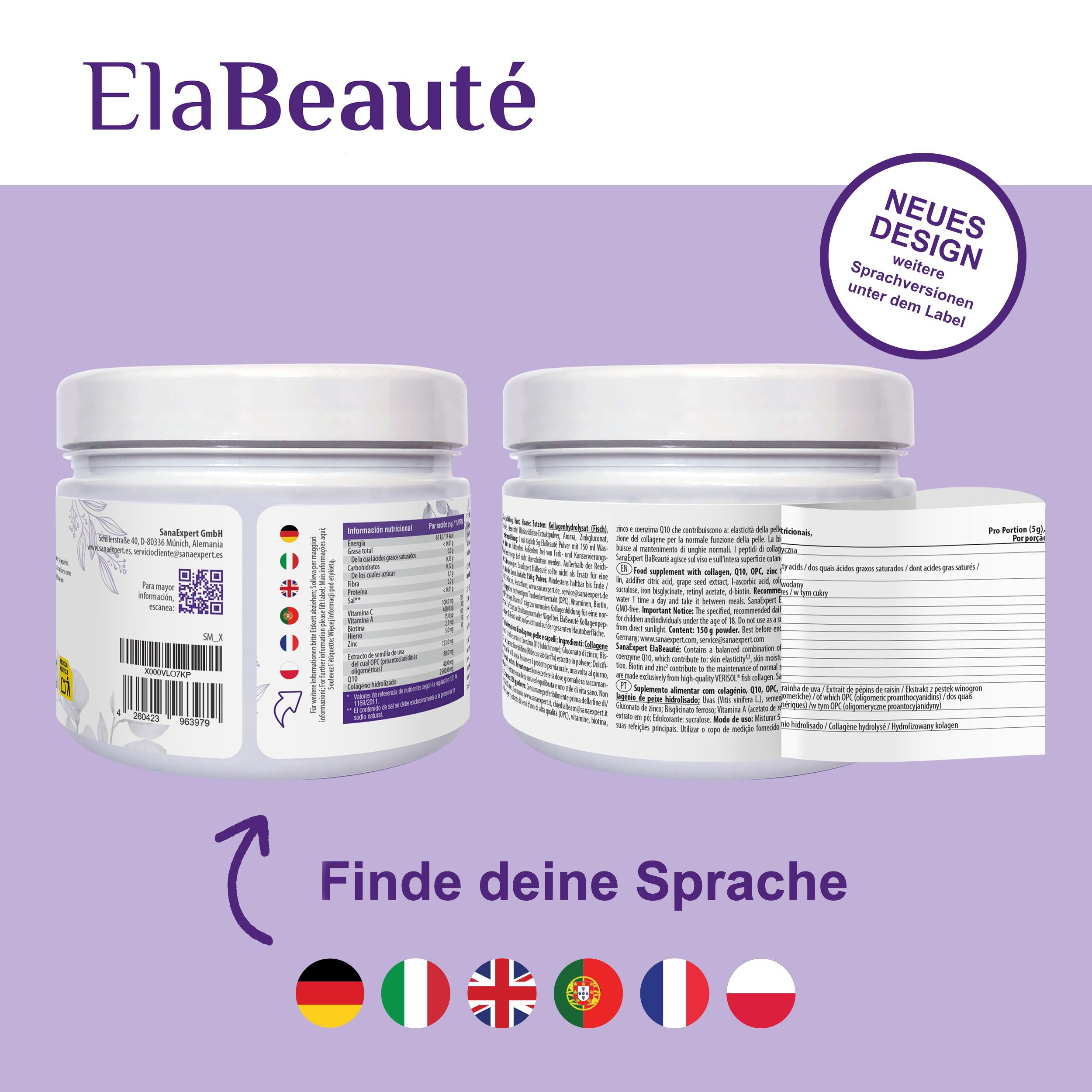 Zwei SanaExpert ElaBeauté-Pulver-Dosen. Text: Neues Design, finde deine Sprache, Inhaltsstoffe.