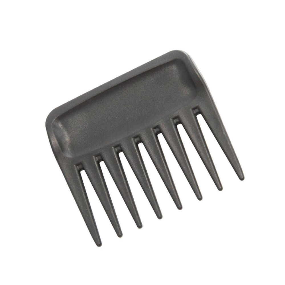 Schwarzer Kamm mit breiten Zinken. Rechteckiger Griff, abgerundete Ecken. Aus Kunststoff.