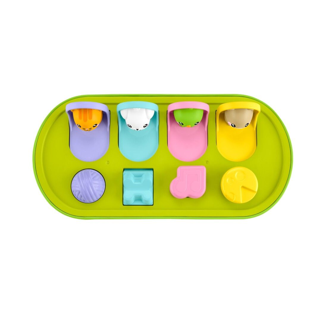 Pop-up-Spielzeug von oben. Grünes Gehäuse mit vier Tierfiguren und bunten Knöpfen.