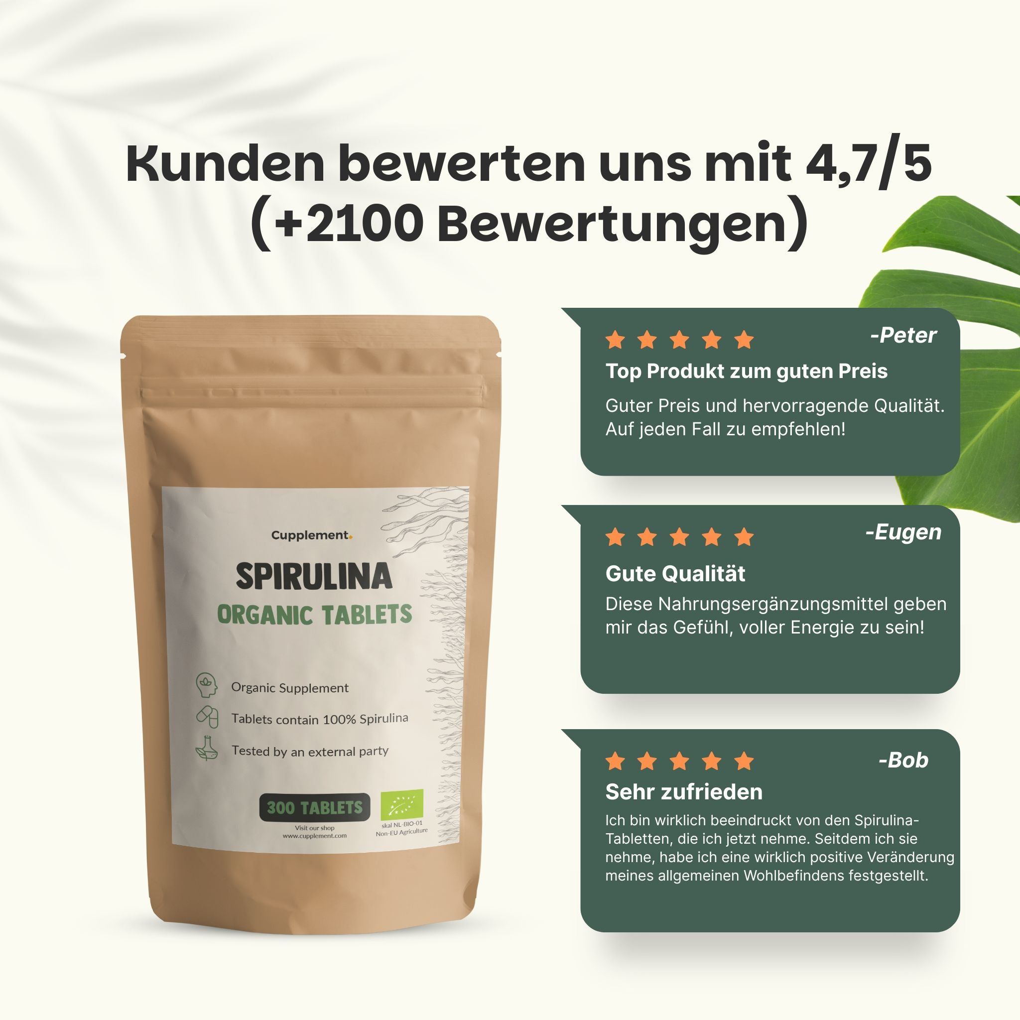Braune Tüte mit Spirulina-Tabletten. Text: Cupplement, Spirulina Organic Tablets, 300 Tabletten. Kundenbewertungen 4,7/5.