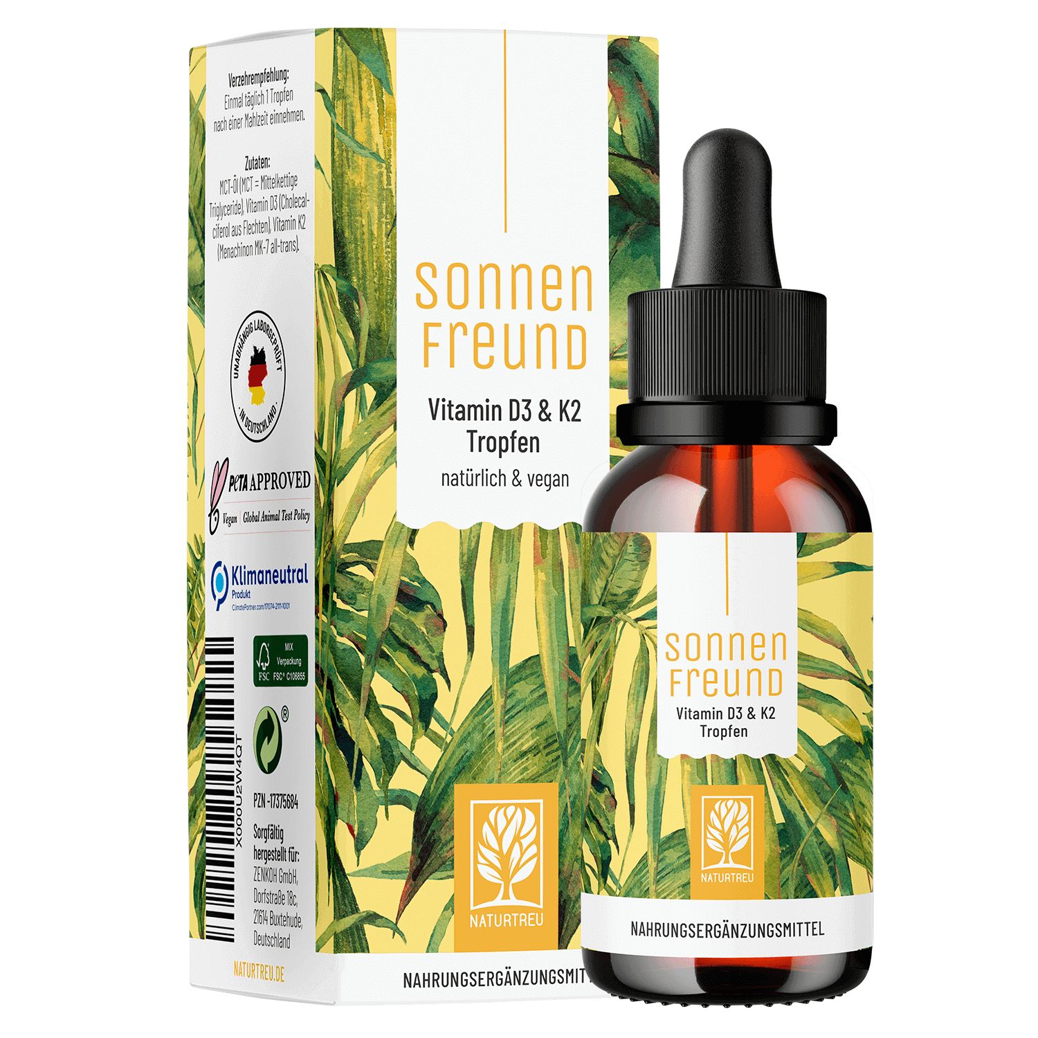 Vitamin D3 K2 Tropfen 1000 IE - hochdosiert & vegan - Sonnenfreund - NATURTREU®