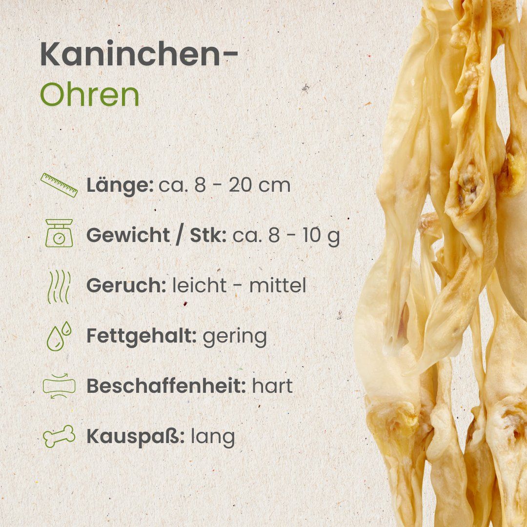 Hundefutter: Kaninchenohren, 8-20 cm lang. Proteinreich, geringer Fettanteil.