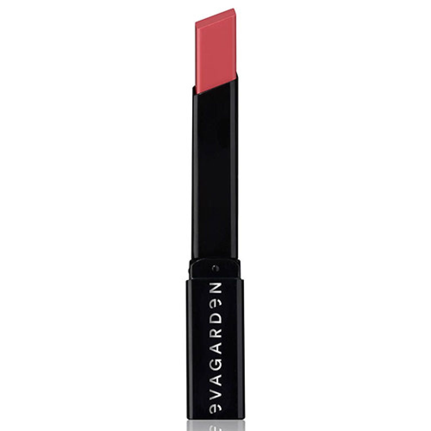 Lippenstift mit schwarzem Gehäuse und rosa Spitze. Auf dem Gehäuse steht "evagarden".