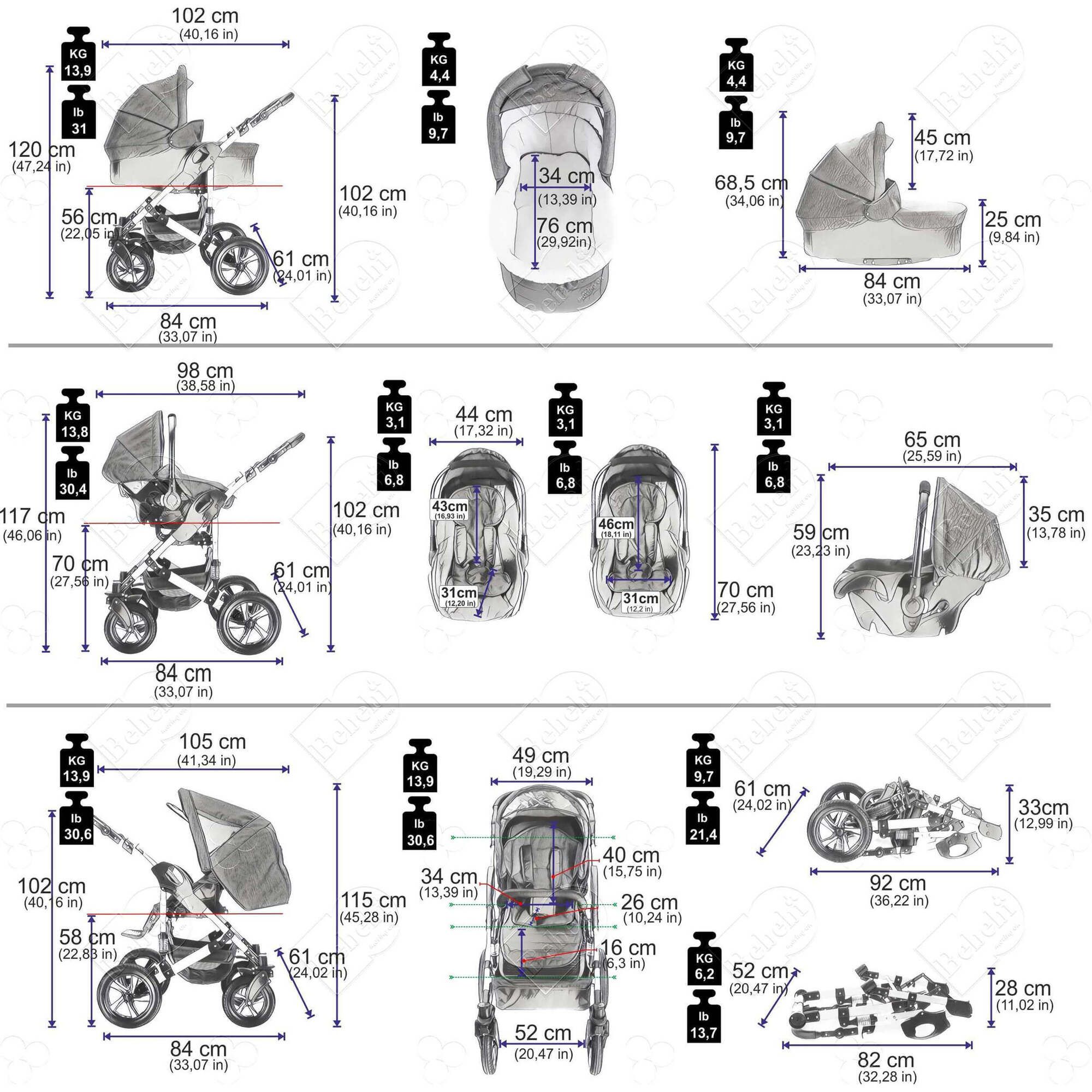 Bebebi myVARIO 3 in 1 Kinderwagen Set Luftreifen, myStar