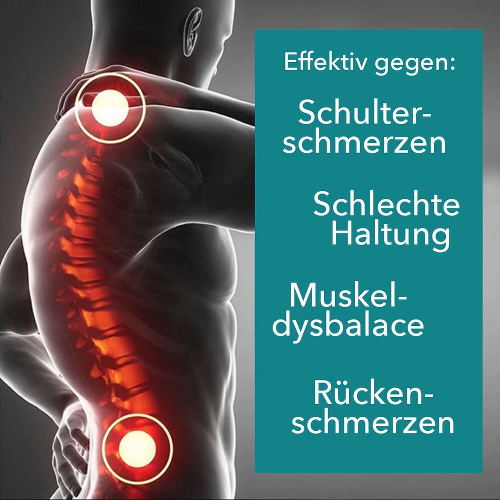 Grafik: Illustration eines Rückens mit hervorgehobenen Schmerzpunkten. Text: Effektiv gegen...
