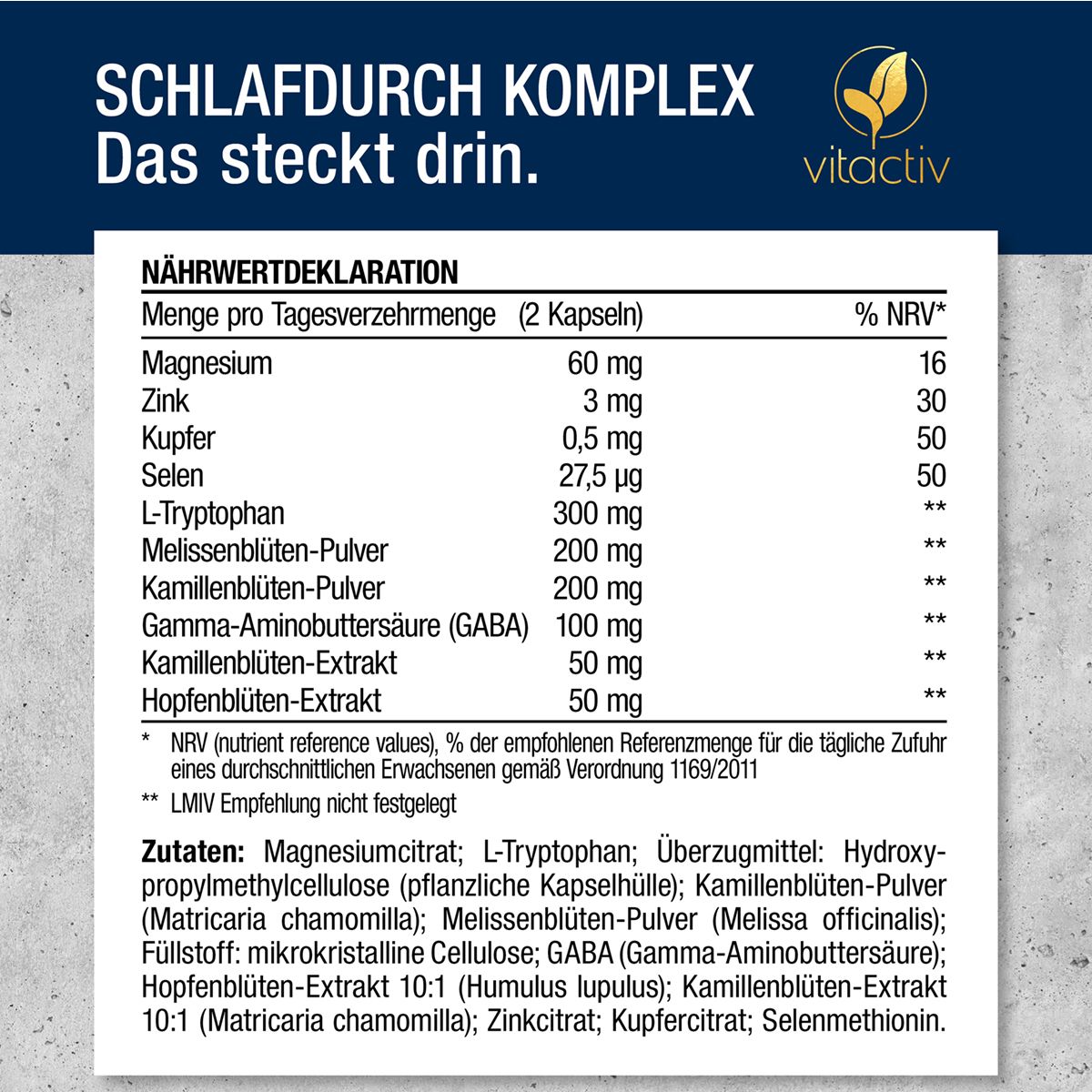 Nährwertdeklaration des Produkts. Auflistung der Inhaltsstoffe und Nährwerte.