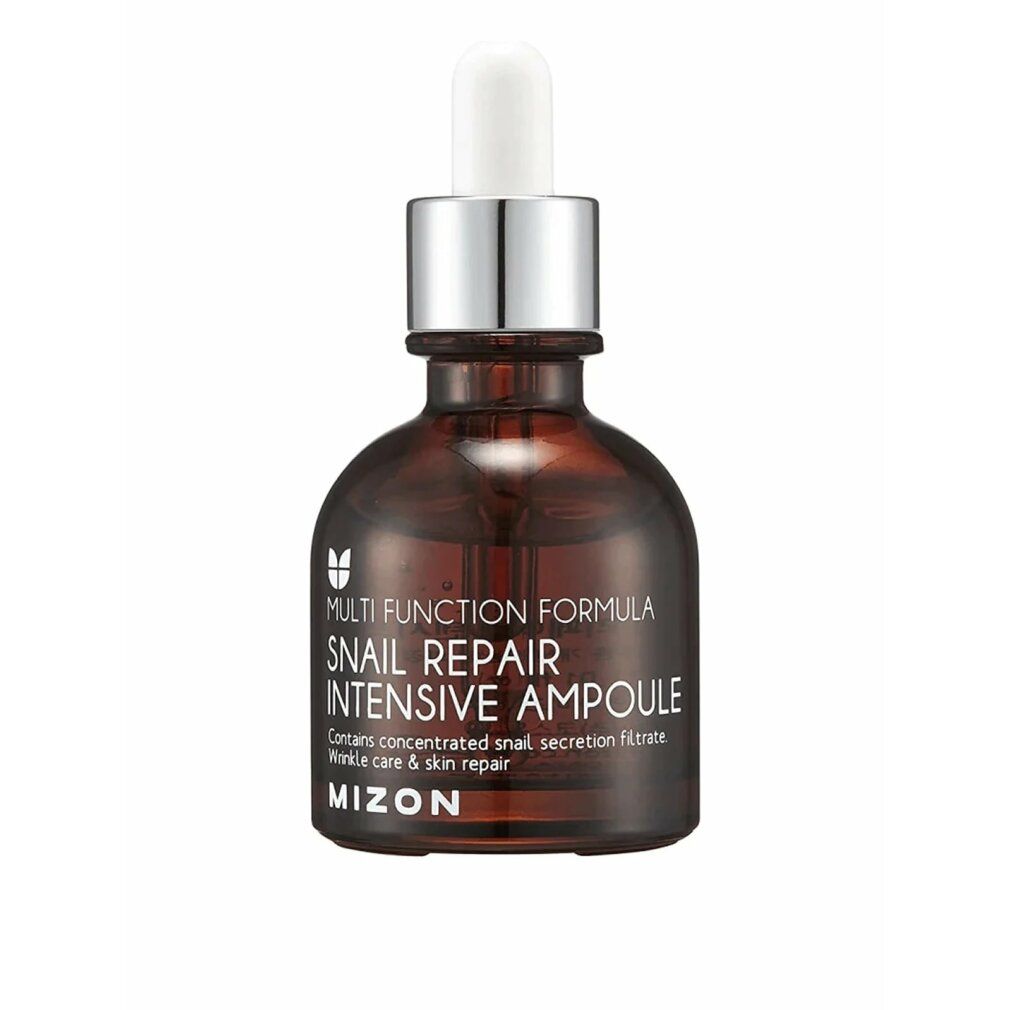 Braune Glasflasche mit silberner Kappe und Pipette. Aufschrift: Snail Repair Intensive Ampoule. Marke: MIZON.